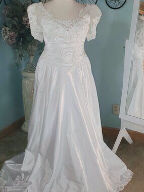 Wedding Dress Size 18 Beaded Cathedral Train, Veil, Rhinestone Tiara Garment Bag